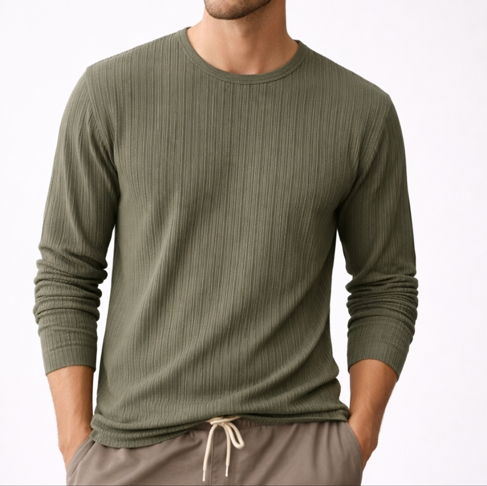 Fiume Mens Stretch Ribbed Long Sleeve Pullover Tee Shirt Olive Green Med